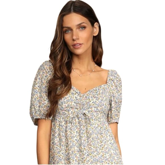 Lulus Sweet For Spring Ivory Floral Puff Sleeve Mini Dress Size M - Picture 5 of 9